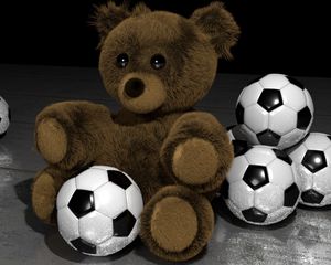 Превью обои плюшевый медведь, футбольные мячи, игрушки