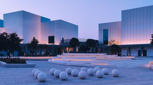 Превью обои площадь, здания, подсветка, сумерки