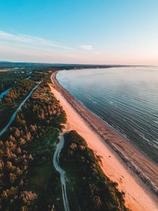 Превью обои побережье, деревья, море, песок, даль, горизонт