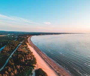 Превью обои побережье, деревья, море, песок, даль, горизонт