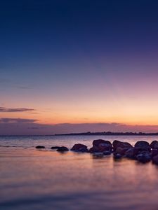 Превью обои побережье, камни, море, вода, сумерки, пейзаж