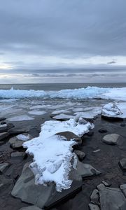 Превью обои побережье, камни, снег, лед, море, природа