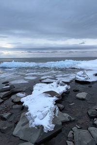 Превью обои побережье, камни, снег, лед, море, природа