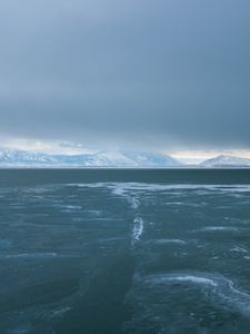 Превью обои побережье, лед, горы, вода, облака