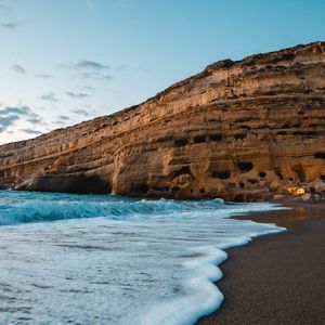 Превью обои побережье, море, скалы, волны, песок, пляж