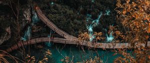 Превью обои побережье, мост, вид сверху, деревья, вода, природа