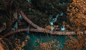 Превью обои побережье, мост, вид сверху, деревья, вода, природа