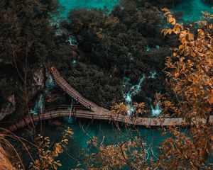 Превью обои побережье, мост, вид сверху, деревья, вода, природа