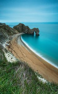 Превью обои побережье, пляж, скала, море, песок