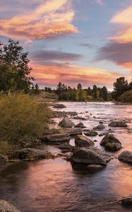 Превью обои побережье, река, камни, закат, природа, пейзаж