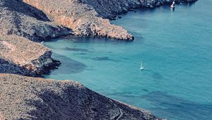 Превью обои побережье, скалы, море, лодка