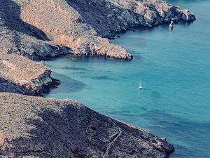 Превью обои побережье, скалы, море, лодка