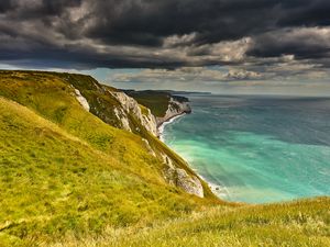 Превью обои побережье, утес, скалы, море, трава