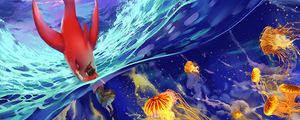 Превью обои подводный мир, медузы, арт, рыбы, океан, волны
