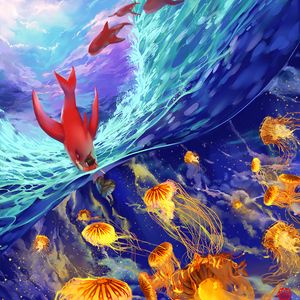 Превью обои подводный мир, медузы, арт, рыбы, океан, волны