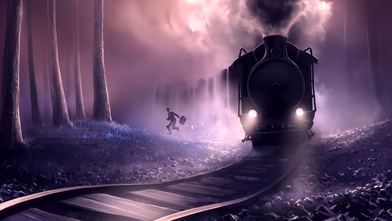 Обои поезд, человек, железная дорога, арт, спешить, побег