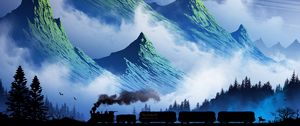 Превью обои поезд, горы, арт, туман, дым