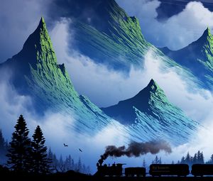 Превью обои поезд, горы, арт, туман, дым