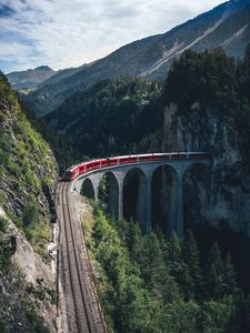 Превью обои поезд, горы, вид сверху, мост, железная дорога