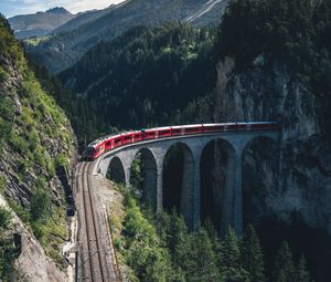 Превью обои поезд, горы, вид сверху, мост, железная дорога