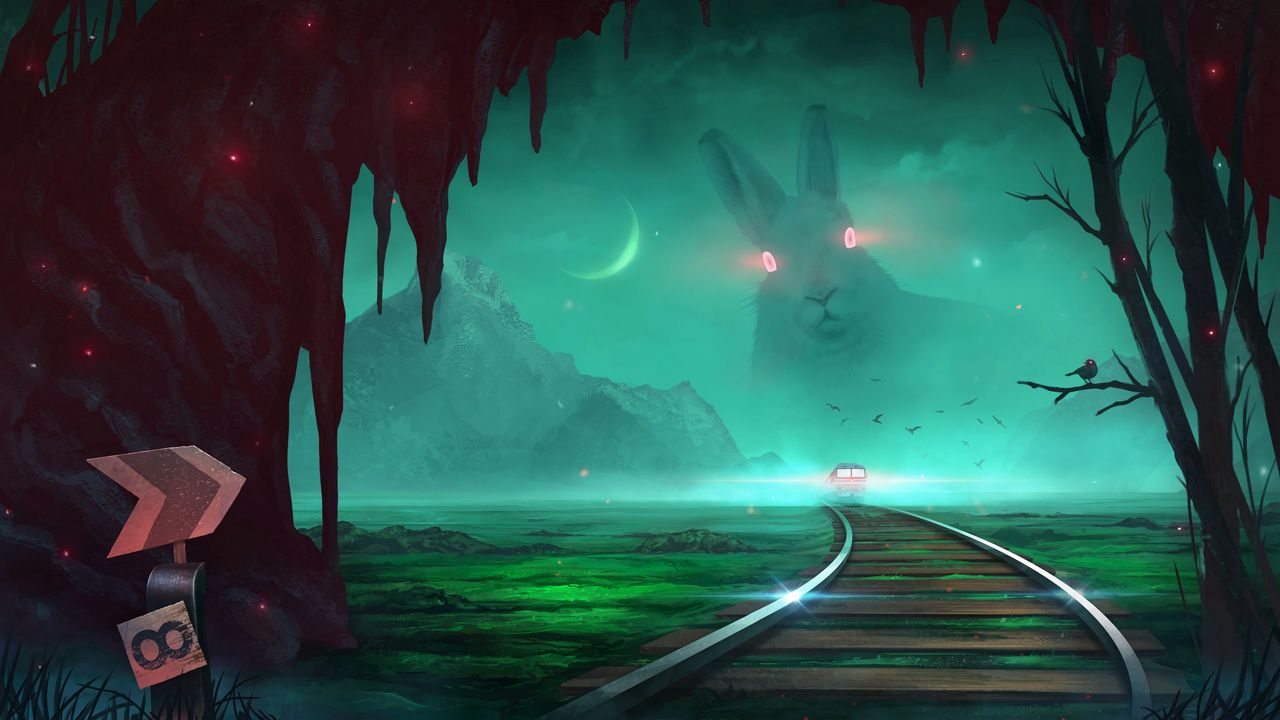 Обои поезд, кролик, иллюзия, ночь, арт