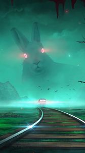 Превью обои поезд, кролик, иллюзия, ночь, арт