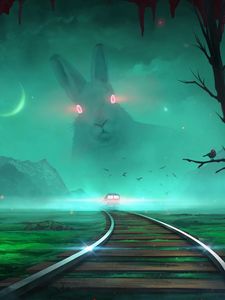 Превью обои поезд, кролик, иллюзия, ночь, арт