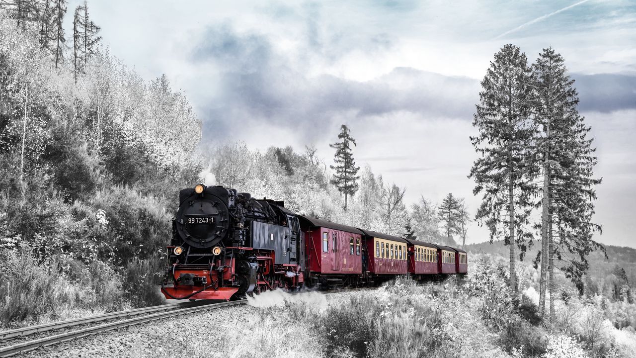 Обои поезд, лес, зима, железная дорога, снег