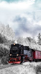 Превью обои поезд, лес, зима, железная дорога, снег