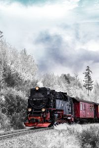 Превью обои поезд, лес, зима, железная дорога, снег
