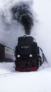 Превью обои поезд, паровоз, дым, снег, черный