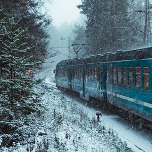 Превью обои поезд, снег, лес, зима
