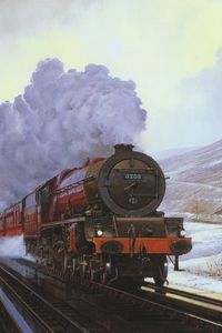 Превью обои поезд, снег, зима, живопись, холст, дым