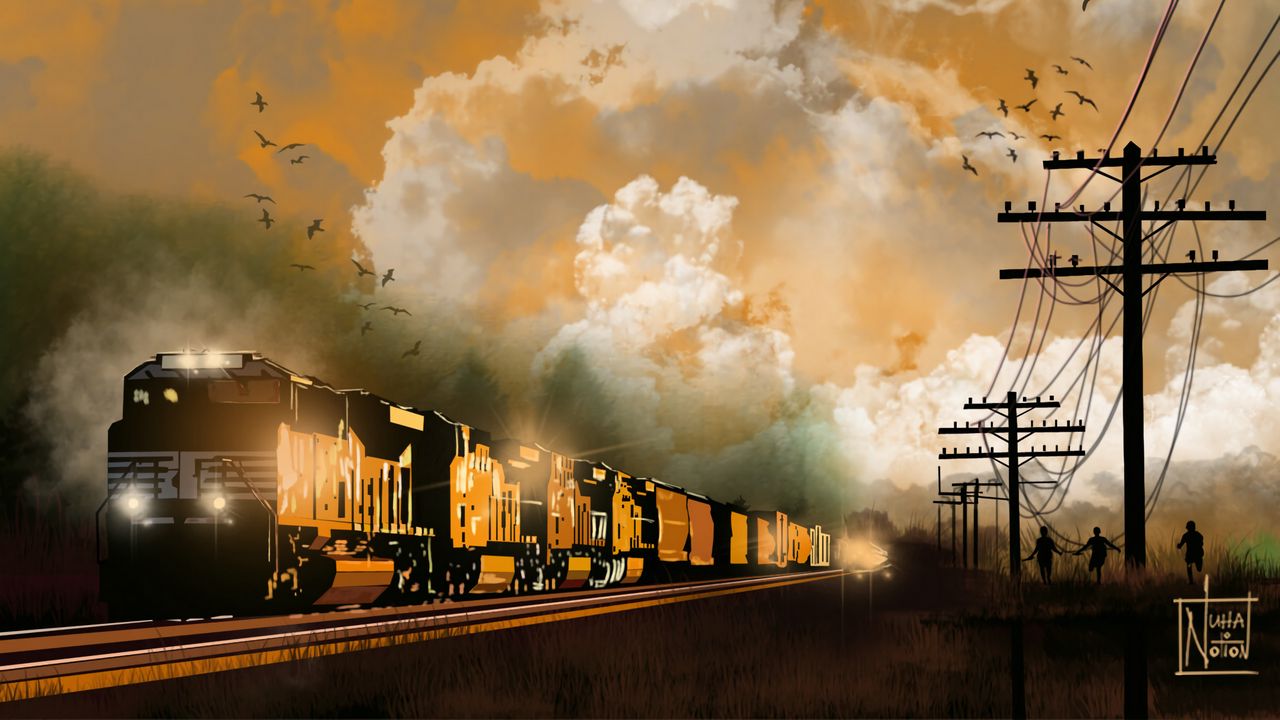 Обои поезд, вагоны, облака, закат, арт