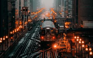 Превью обои поезд, железная дорога, рельсы, город, туман