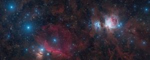 Превью обои пояс и меч ориона, звезды, блестки, сияние, туманности, космос, темный