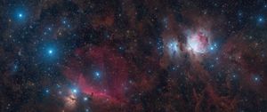 Превью обои пояс и меч ориона, звезды, блестки, сияние, туманности, космос, темный