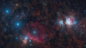 Превью обои пояс и меч ориона, звезды, блестки, сияние, туманности, космос, темный
