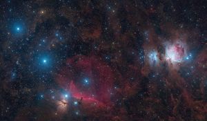 Превью обои пояс и меч ориона, звезды, блестки, сияние, туманности, космос, темный