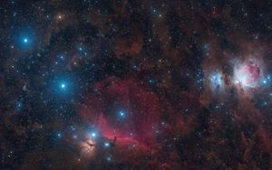 Превью обои пояс и меч ориона, звезды, блестки, сияние, туманности, космос, темный