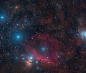 Превью обои пояс и меч ориона, звезды, блестки, сияние, туманности, космос, темный