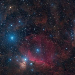Превью обои пояс и меч ориона, звезды, блестки, сияние, туманности, космос, темный