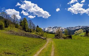 Превью обои поле, деревья, горы, облака, небо, природа