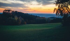 Превью обои поле, деревья, сумерки, холмы, пейзаж