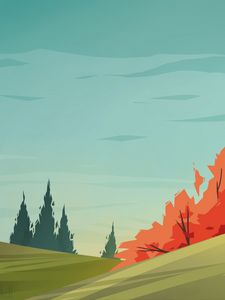 Превью обои поле, ель, деревья, небо, арт