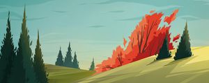 Превью обои поле, ель, деревья, небо, арт