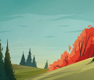 Превью обои поле, ель, деревья, небо, арт