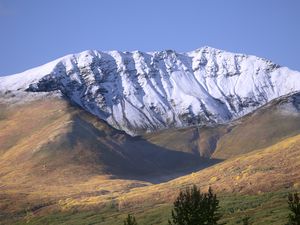Превью обои поле, горы, снег, пейзаж