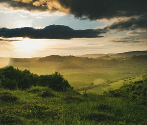 Превью обои поле, кусты, лучи, облака, блеск