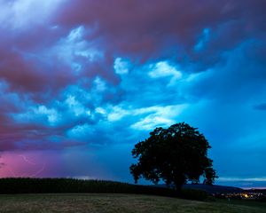 Превью обои поле, облака, молнии, шторм, дерево